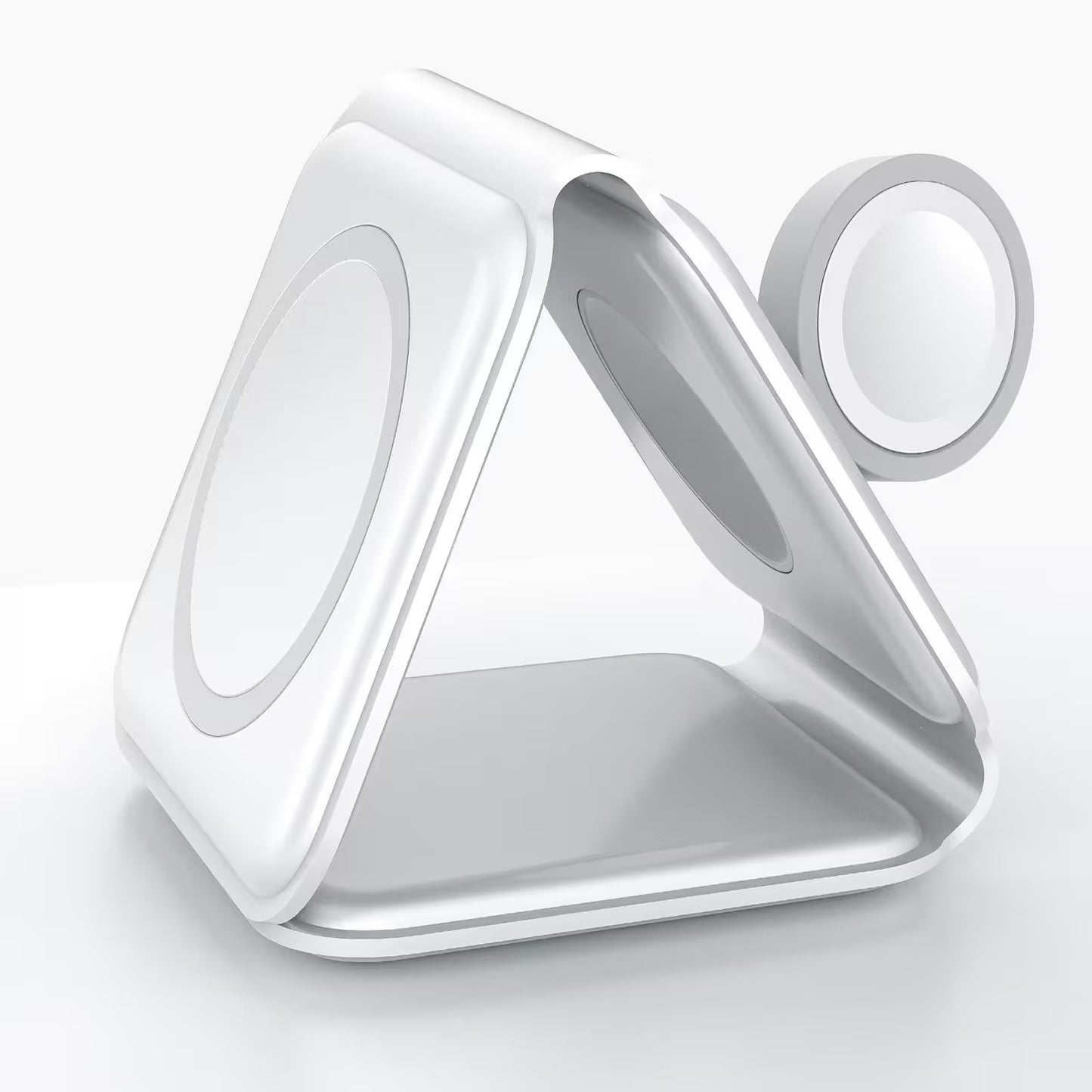 White triangular phone stand on a light gray background