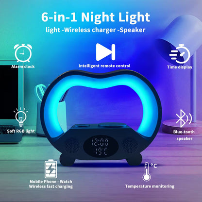 6-in-1 night light with RGB lighting, alarm clock, remote control, Bluetooth speaker, and charging capabilities on a gradient background.