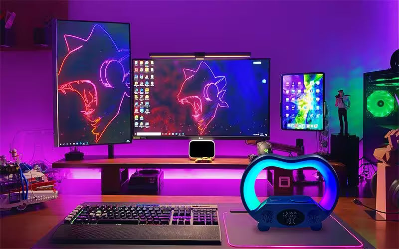 Gaming setup with multiple monitors, keyboard, and colorful lighting in a room.