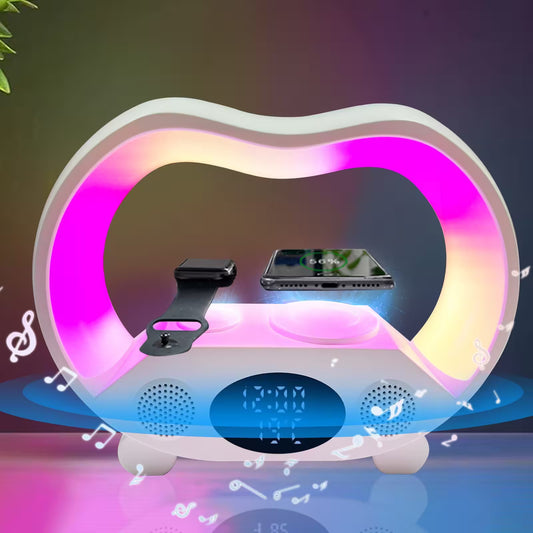 Multifunctional device with heart-shaped LED light, music player, and smartphone charging pad on a dark background.