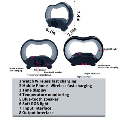 Black electronic device with multiple functions and measurements on a white background