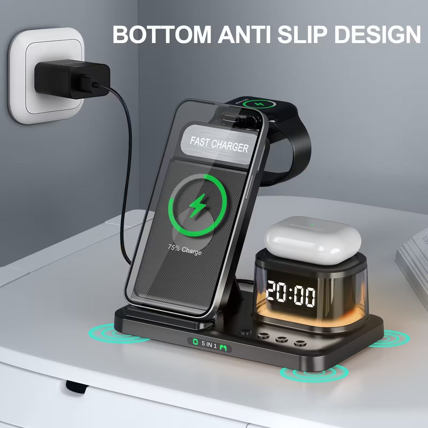 Multi-device wireless charging station with smartphone, AirPods, and digital clock on a desk.