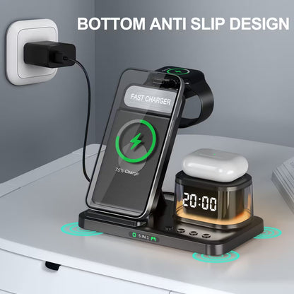 Multi-device wireless charging station with smartphone, AirPods, and digital clock on a desk.