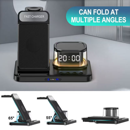 Multi-functional device with fast charger and digital clock, foldable at multiple angles.