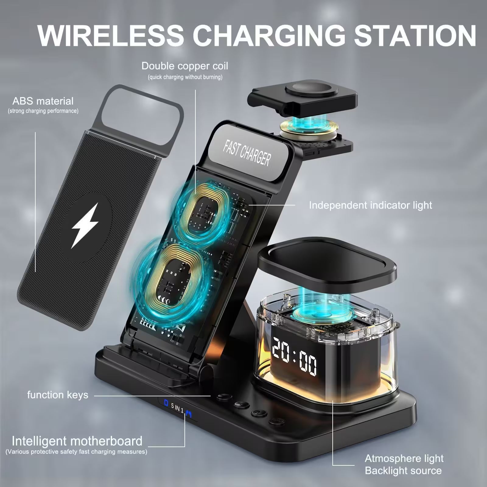 Wireless charging station with features highlighted on a gray background