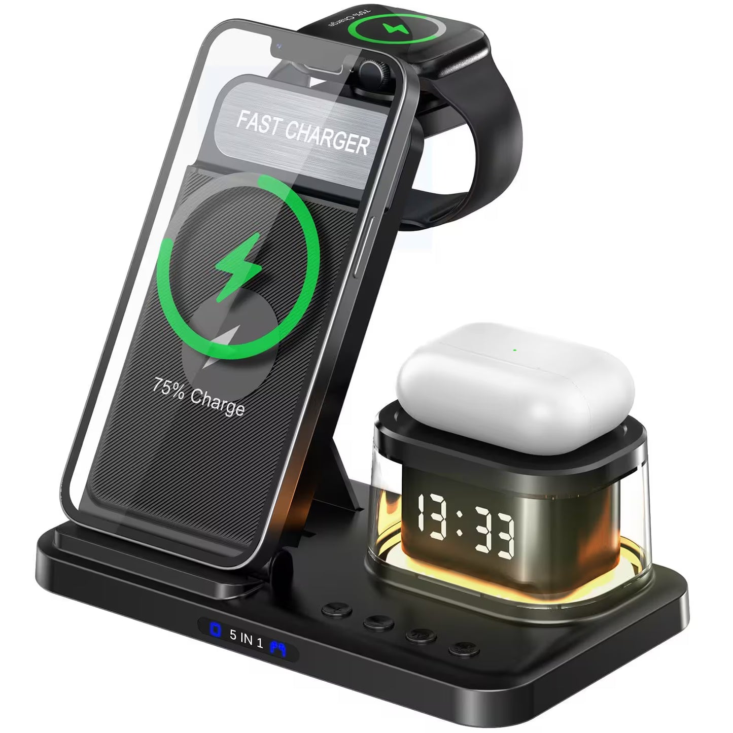 Multi-device wireless charging station with phone, watch, and AirPods on a white background
