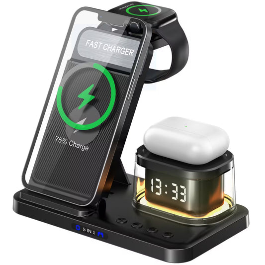 Multi-device wireless charging station with phone, watch, and AirPods on a white background
