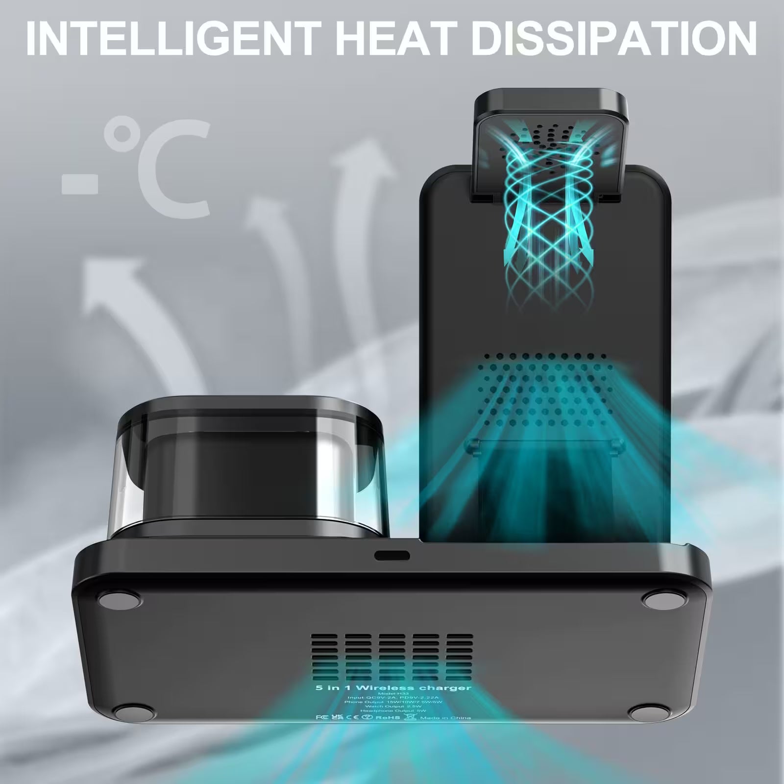 5-in-1 wireless charger with heat dissipation feature on a gray background
