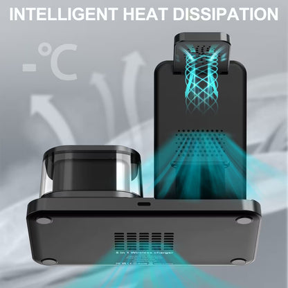 5-in-1 wireless charger with heat dissipation feature on a gray background