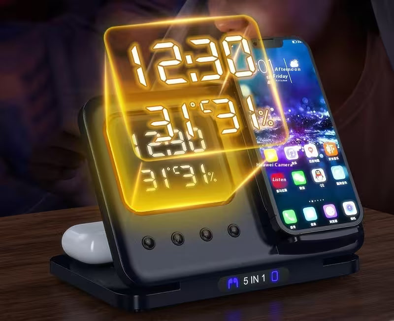 Digital clock with smartphone on a stand displaying weather and time information.