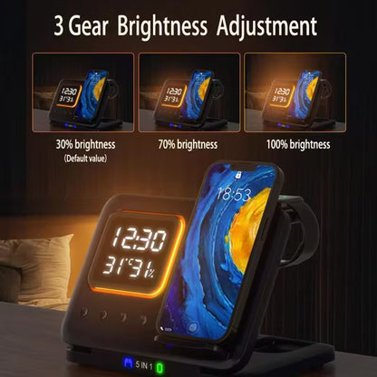 Wireless charger with digital display showing brightness adjustment on a dark background