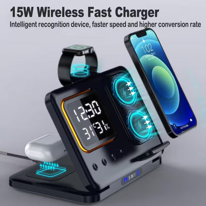 15W wireless fast charger with smartphone, watch, and USB cable on a gray background