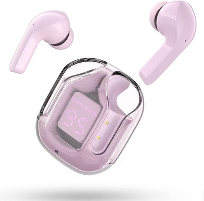 Pink wireless earbuds with charging case on a white background
