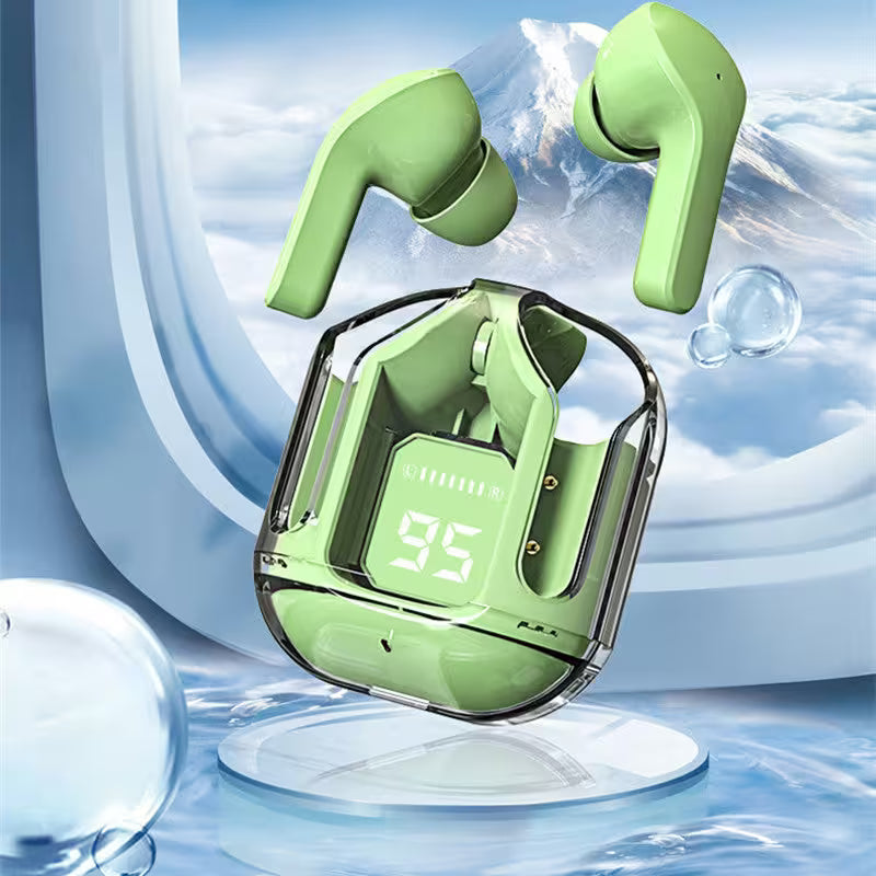 Green wireless earbuds with charging case on a water-themed background