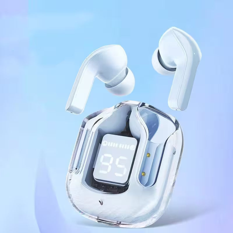 Wireless earbuds with a clear charging case on a light blue background
