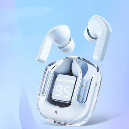 Wireless earbuds with a clear charging case on a light blue background