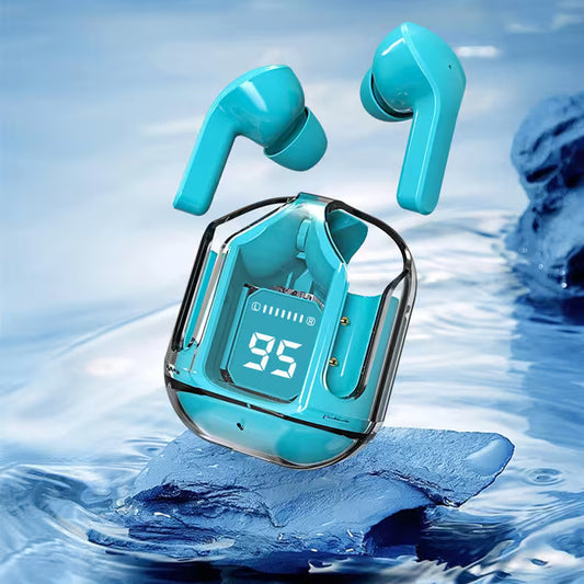 Blue wireless earbuds with charging case on a water background