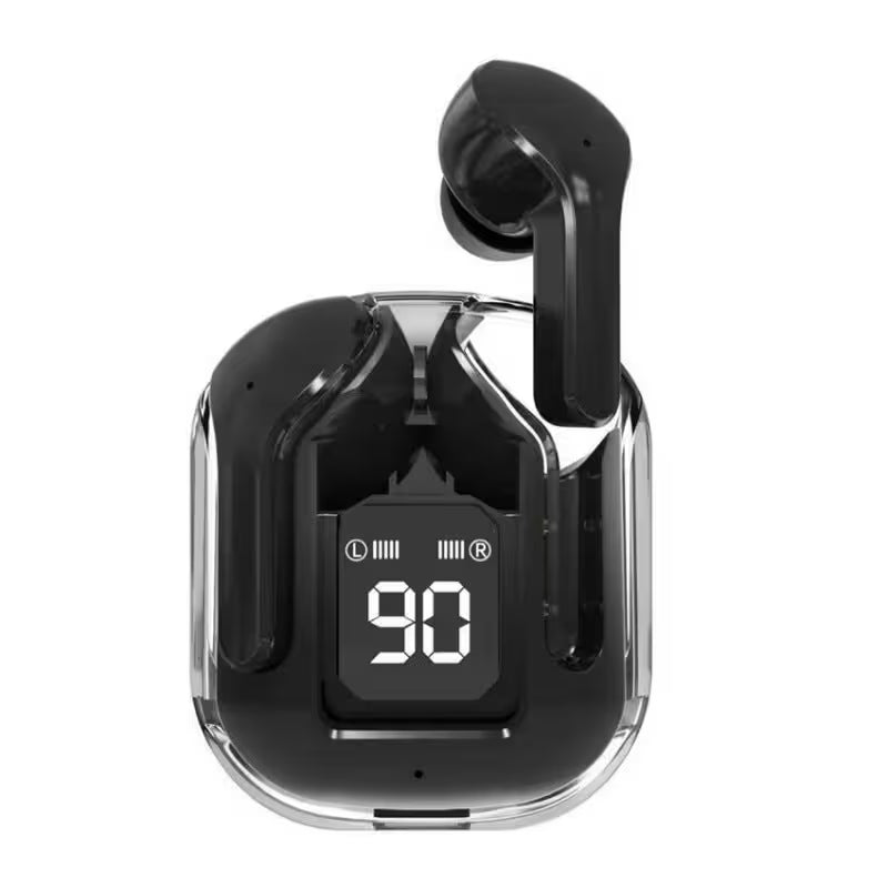 Black wireless earbuds with a digital display showing '90' on a white background