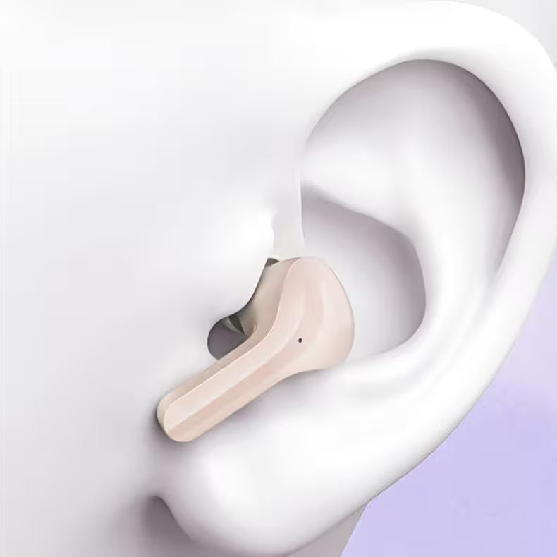 Close-up of a beige earbud inside a white ear on a light purple background