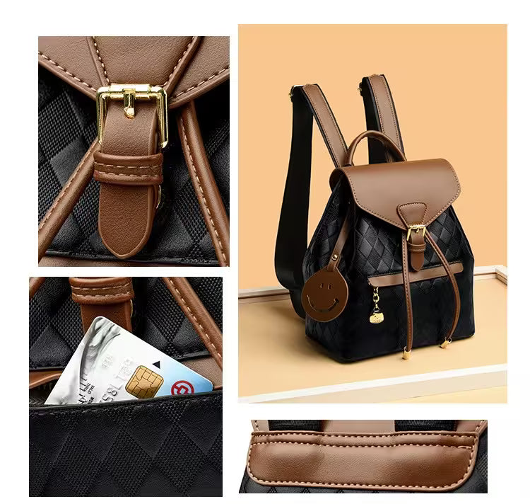 Women Backpack Leather Quilted | Two-Tone Mini Backpack Purse | Aesthetic Daily Bag for Women