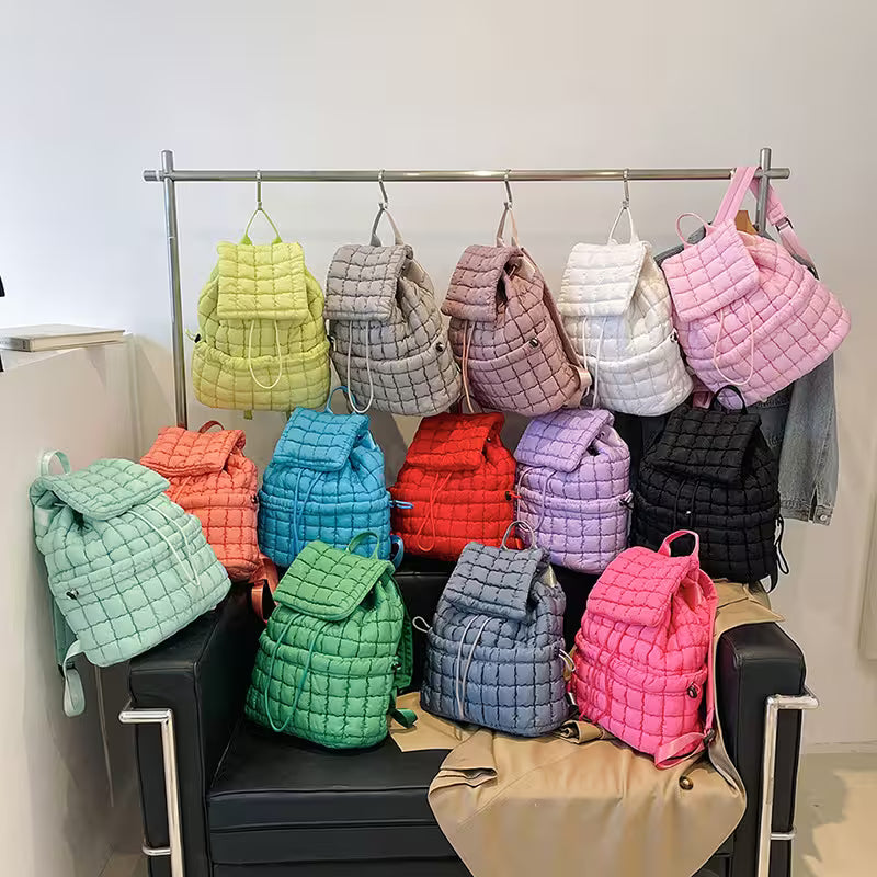Women's Quilted Puffer Backpack | Lightweight Puffy Drawstring Bag | 14 Colors | Aesthetic School & Travel Backpack