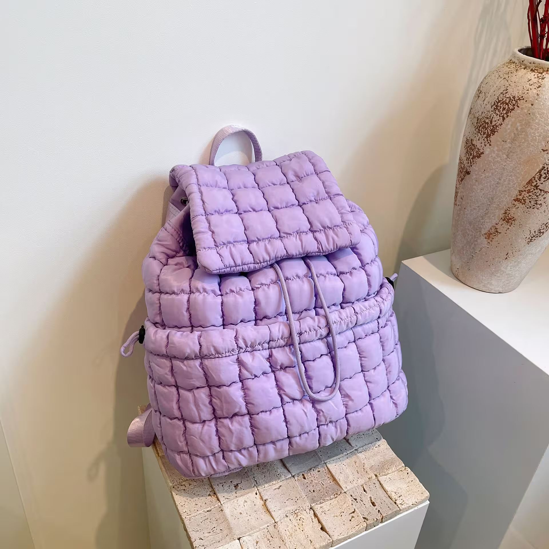 Women's Quilted Puffer Backpack | Lightweight Puffy Drawstring Bag | 14 Colors | Aesthetic School & Travel Backpack