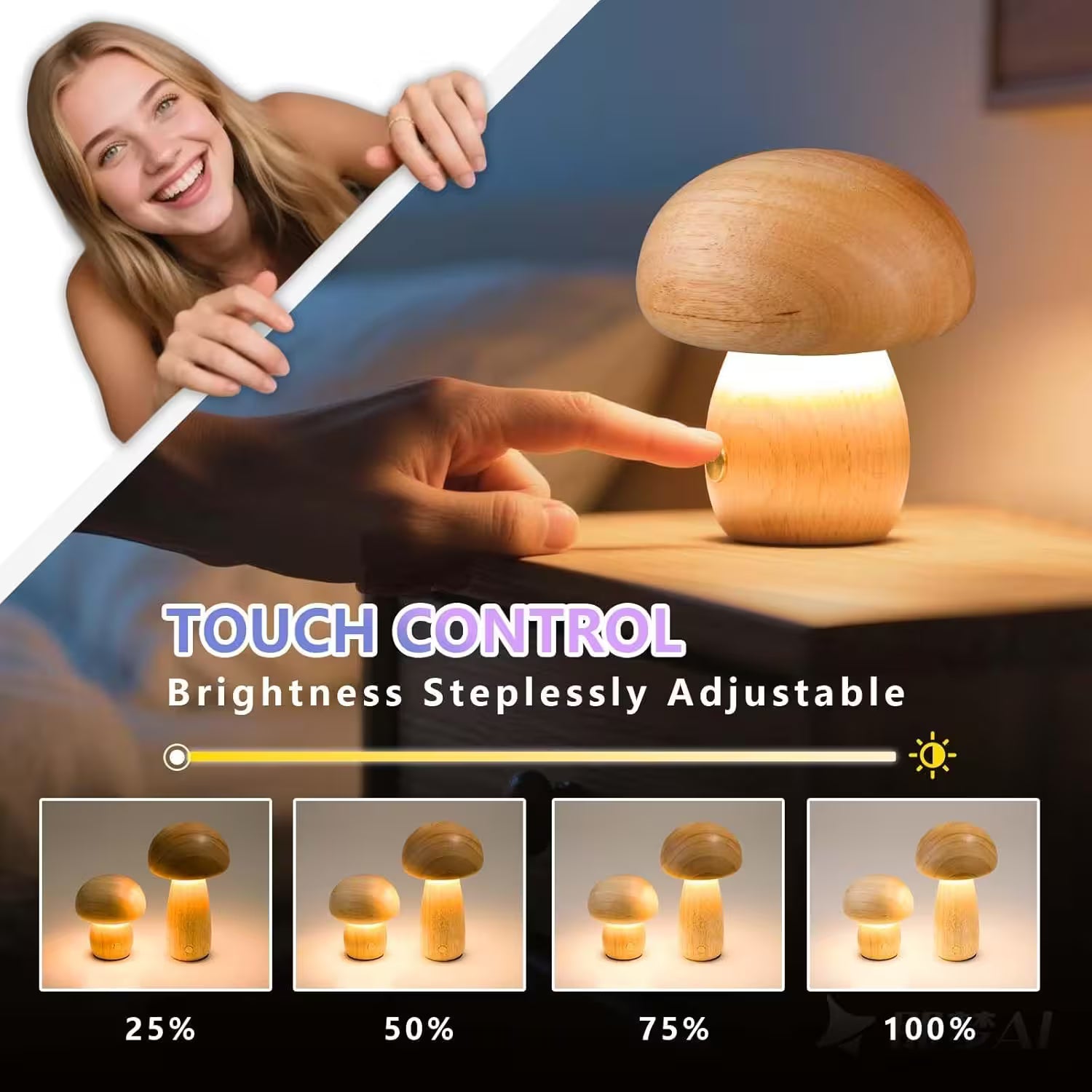 Mushroom-shaped night light with touch control feature, shown with a person holding a remote.