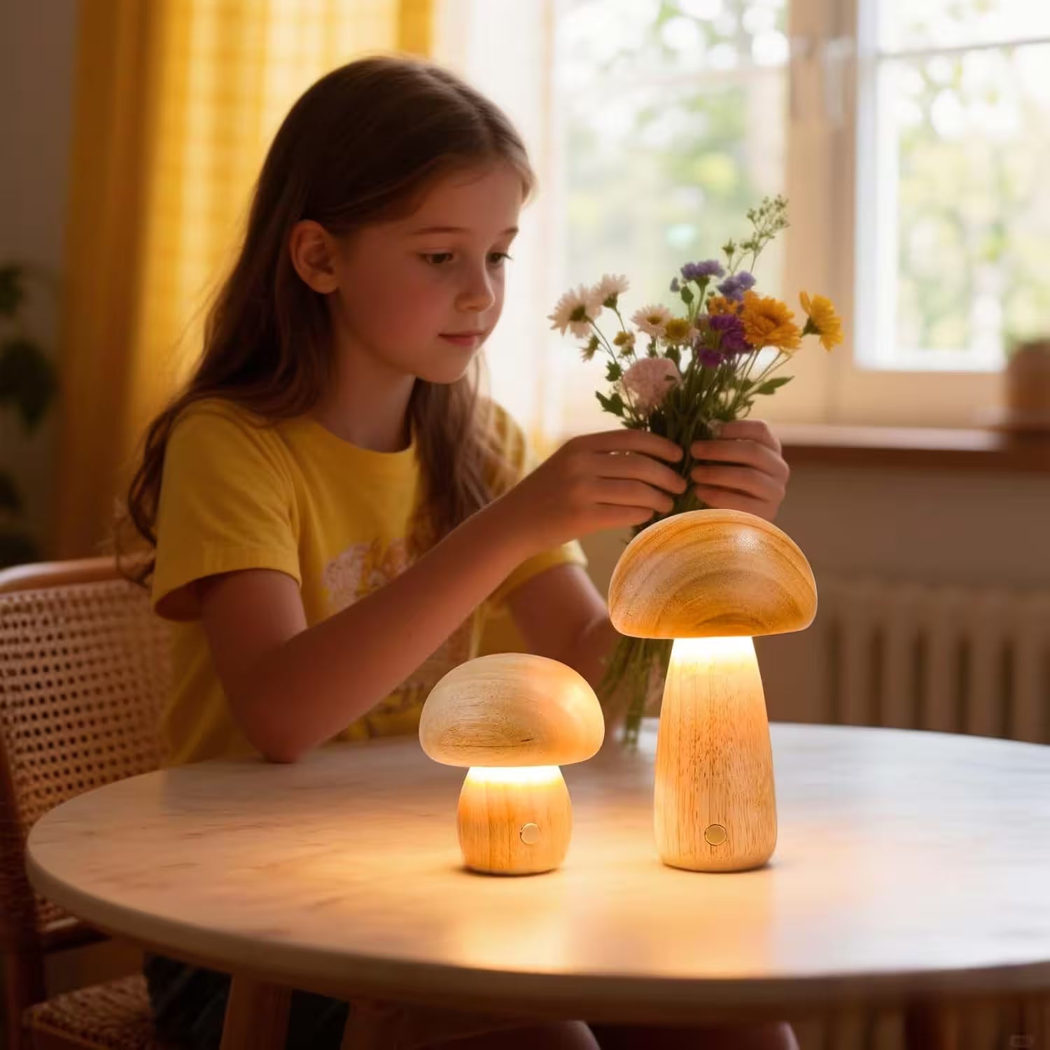 Young girl holding flowers next to two wooden mushroom lamps on a table.