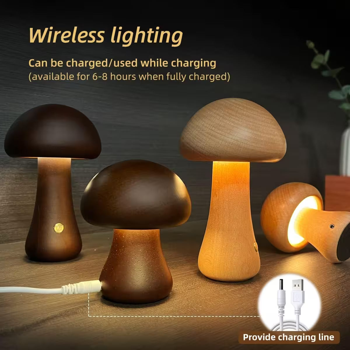 Wooden mushroom-shaped lamps with charging cable on a dark background