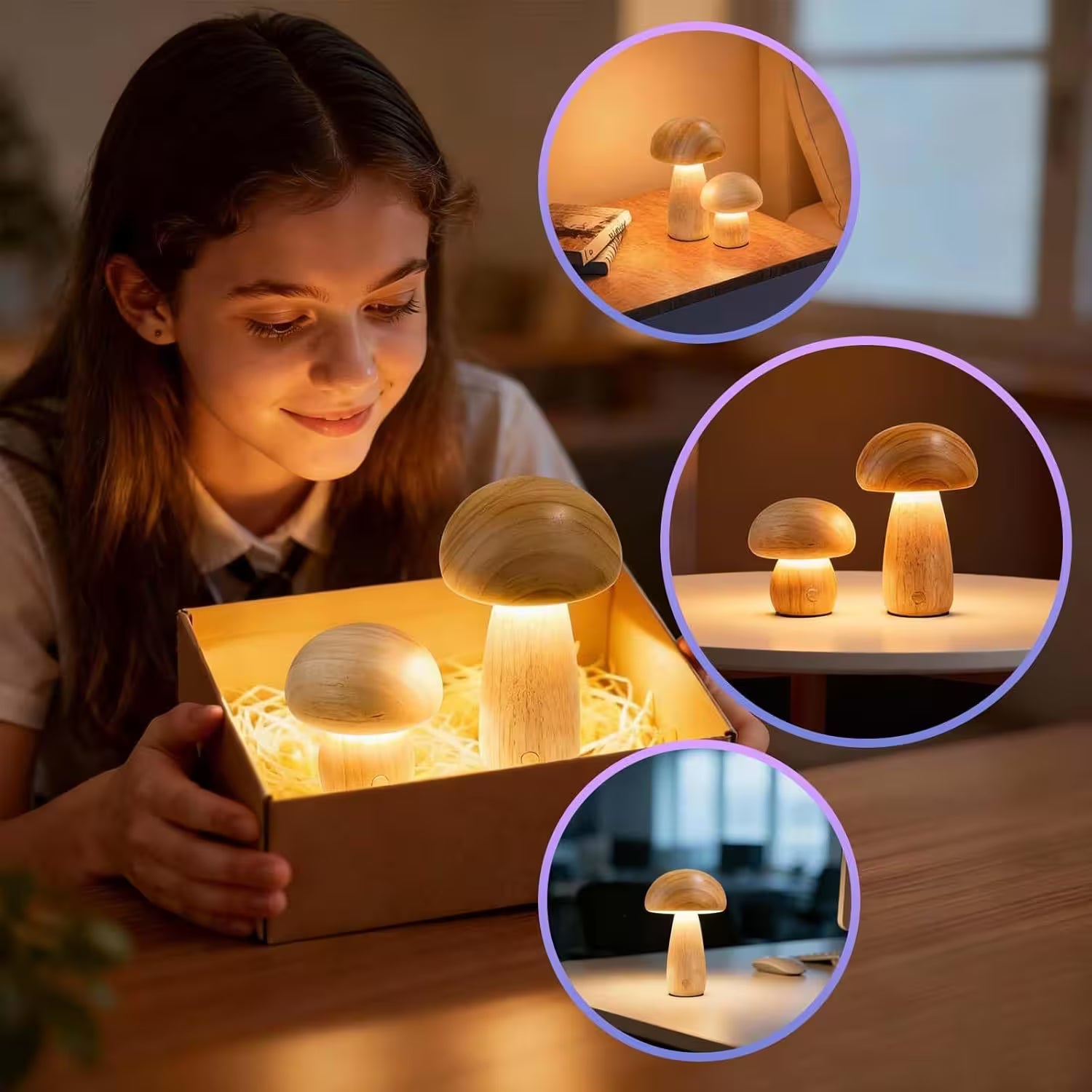 Young girl opening a box containing wooden mushroom lamps with close-up insets of the lamps in use.