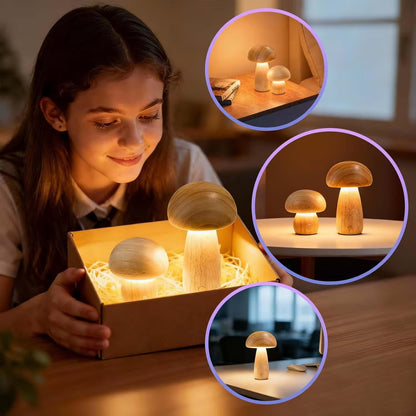 Young girl opening a box containing wooden mushroom lamps with close-up insets of the lamps in use.