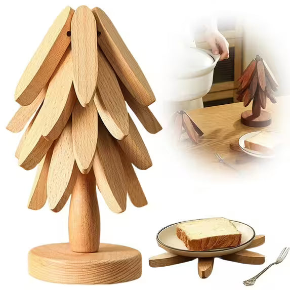 Wooden utensil holder shaped like a tree with additional uses shown.