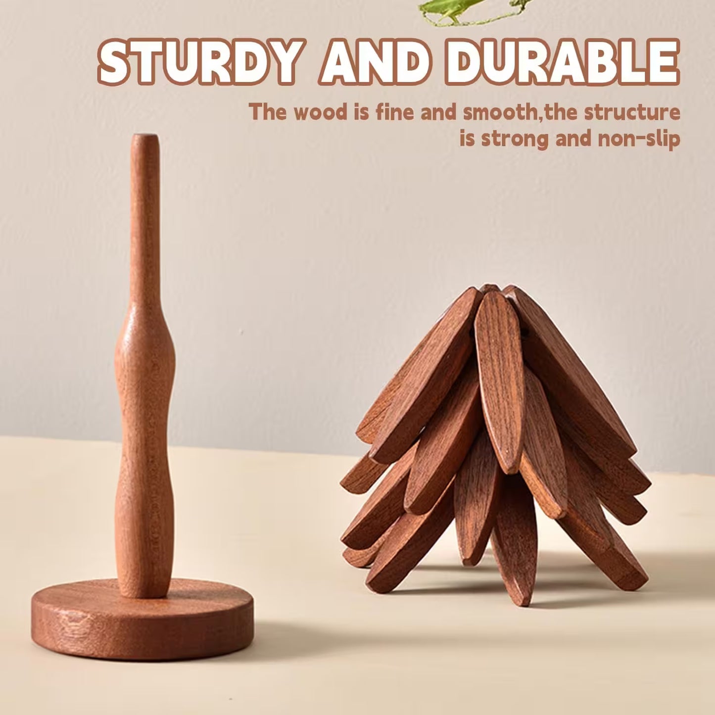 Wooden stand and geometric wood block set on a beige background with text about durability.