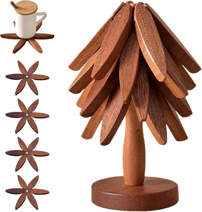 Wooden tree-shaped coaster set with individual coasters displayed on a white background