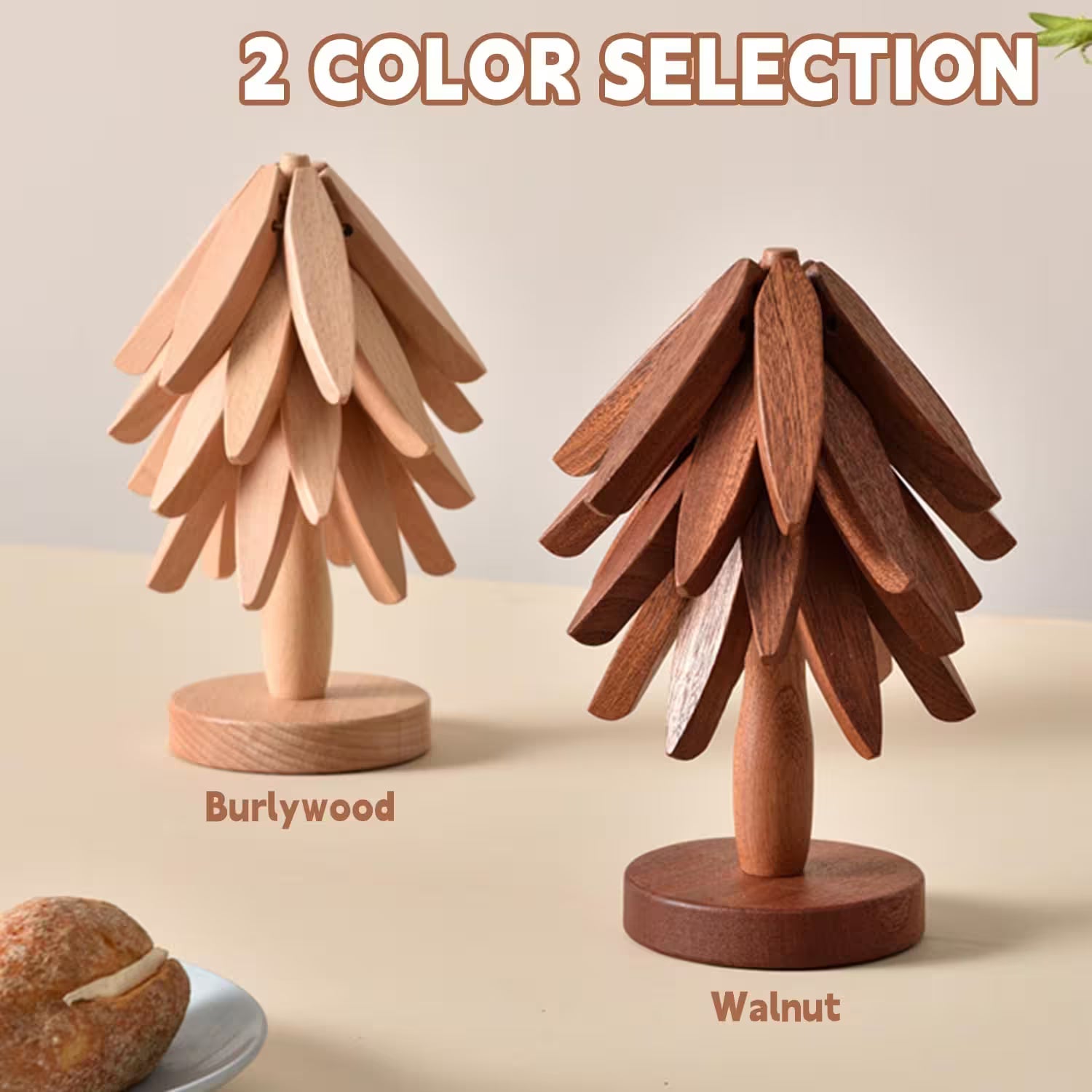 Two wooden tree-shaped objects in burlywood and walnut colors on a beige background.