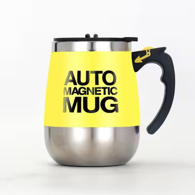 Stainless steel mug with yellow sleeve and black text on a white background