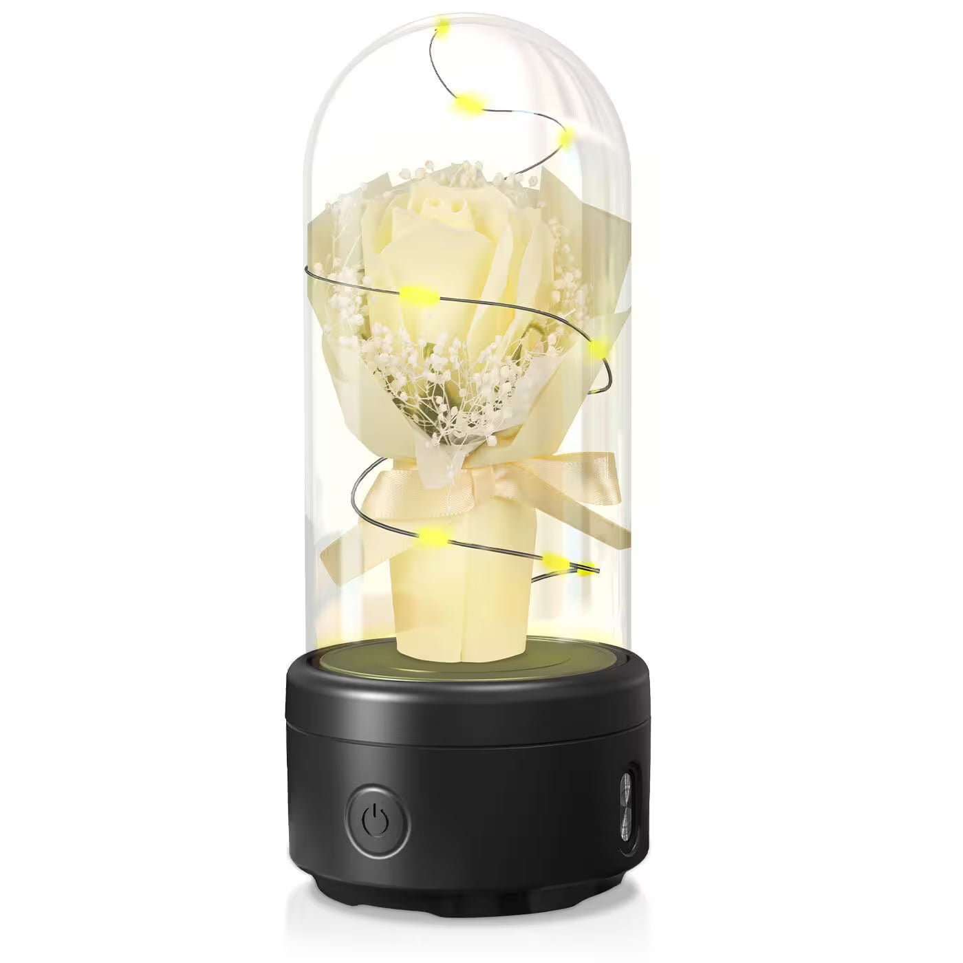 Decorative lamp with flowers inside a glass dome on a white background