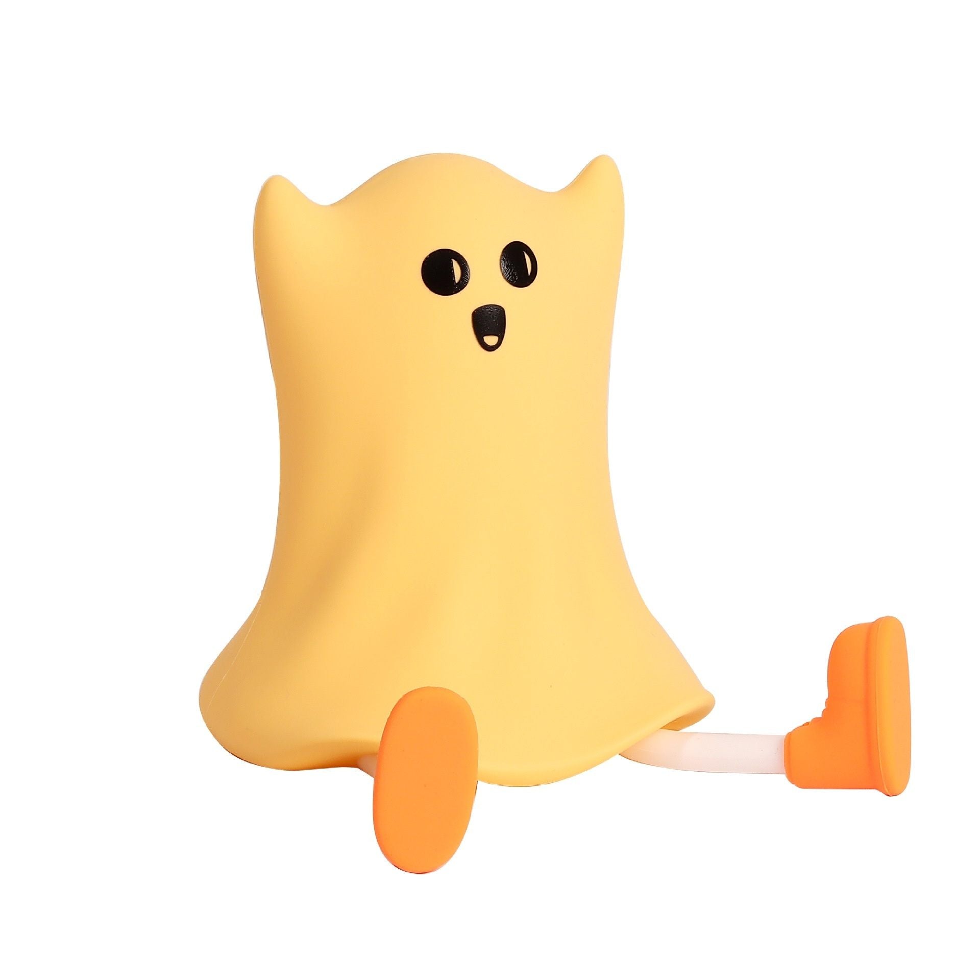 Yellow ghost-shaped toy with black eyes and orange feet on a white background