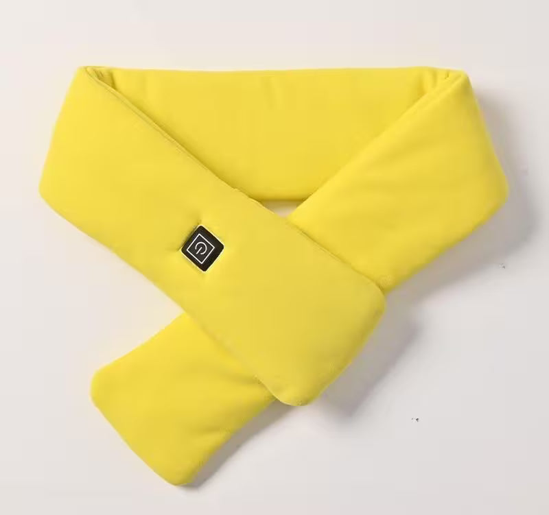 Yellow neck pillow with a brand logo on a white background