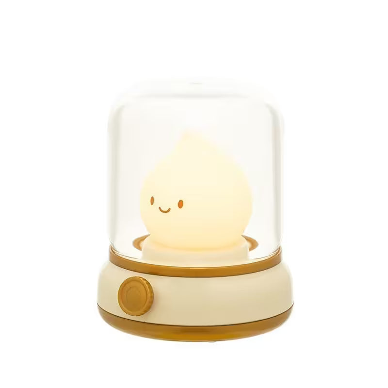 Cute lamp with a glowing face inside a transparent dome on a white background