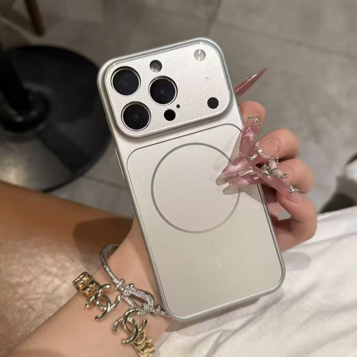 Titanium Silver iPhone Silicone Case With Magsafe, Matte Glass Slim Anti-Fingerprint, Anti-Scratch Camera Lens Protector Military Grade Drop Shockproof Cover