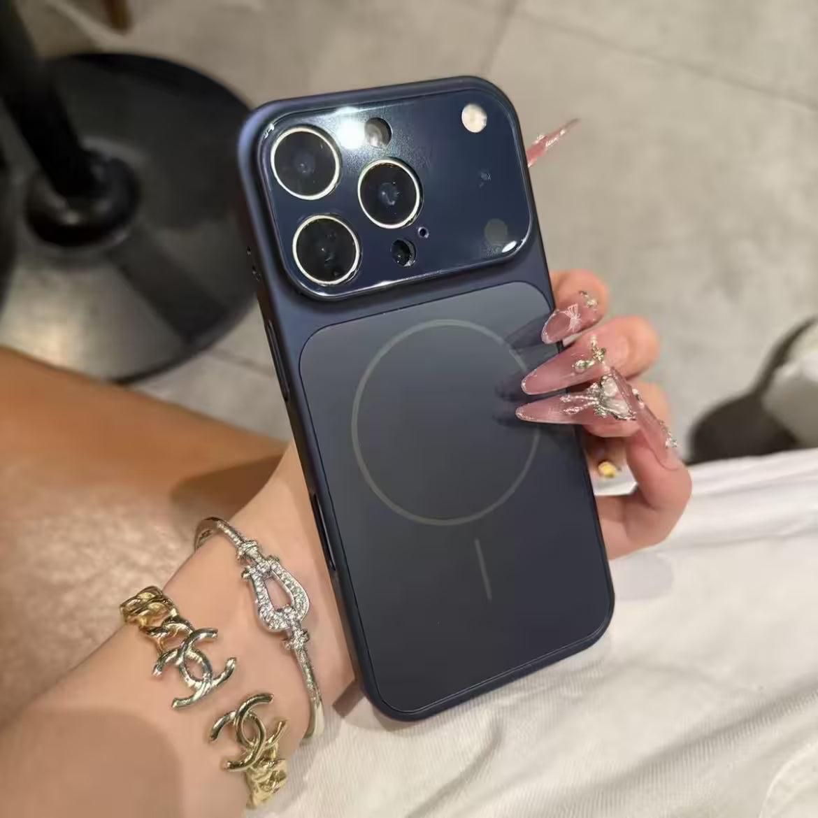 Dark Blue iPhone Silicone Case With Magsafe, Matte Glass Slim Anti-Fingerprint, Anti-Scratch Camera Lens Protector Military Grade Drop Shockproof Cover