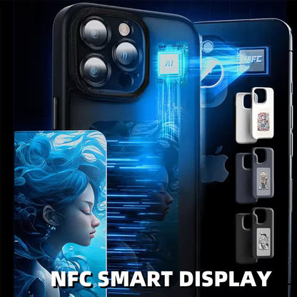 NFC smart display phone case with digital design and blue lighting effects