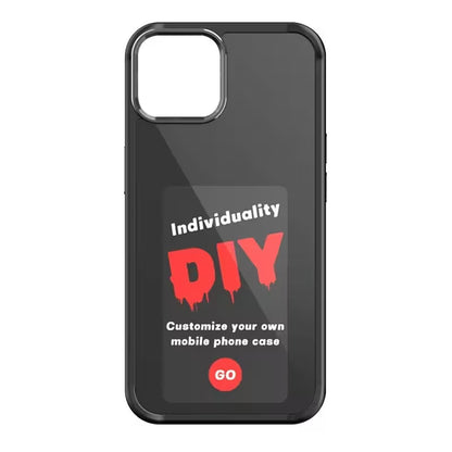 Black phone case with red and white text on a white background
