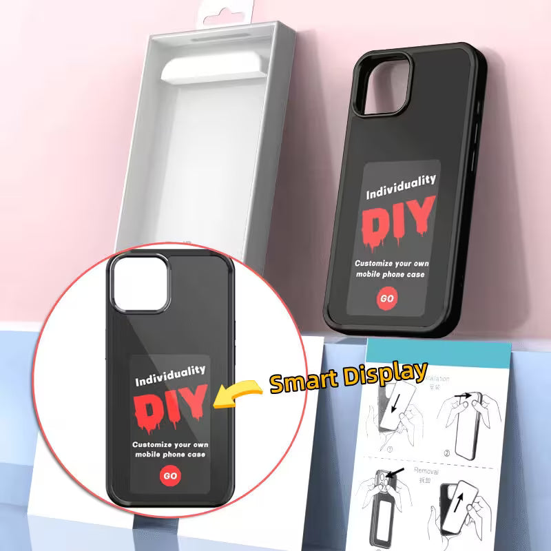 Black phone case with 'Individuality DIY' text, smart display feature, and packaging on a pink background.