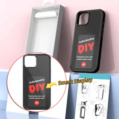 Black phone case with 'Individuality DIY' text, smart display feature, and packaging on a pink background.
