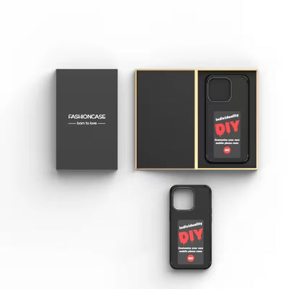 Phone case with 'Individuality DIY' design in a box with 'Fashioncase' branding.