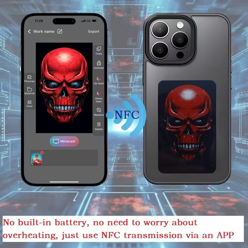 Phone case with red skull design and NFC transmission feature on a futuristic background