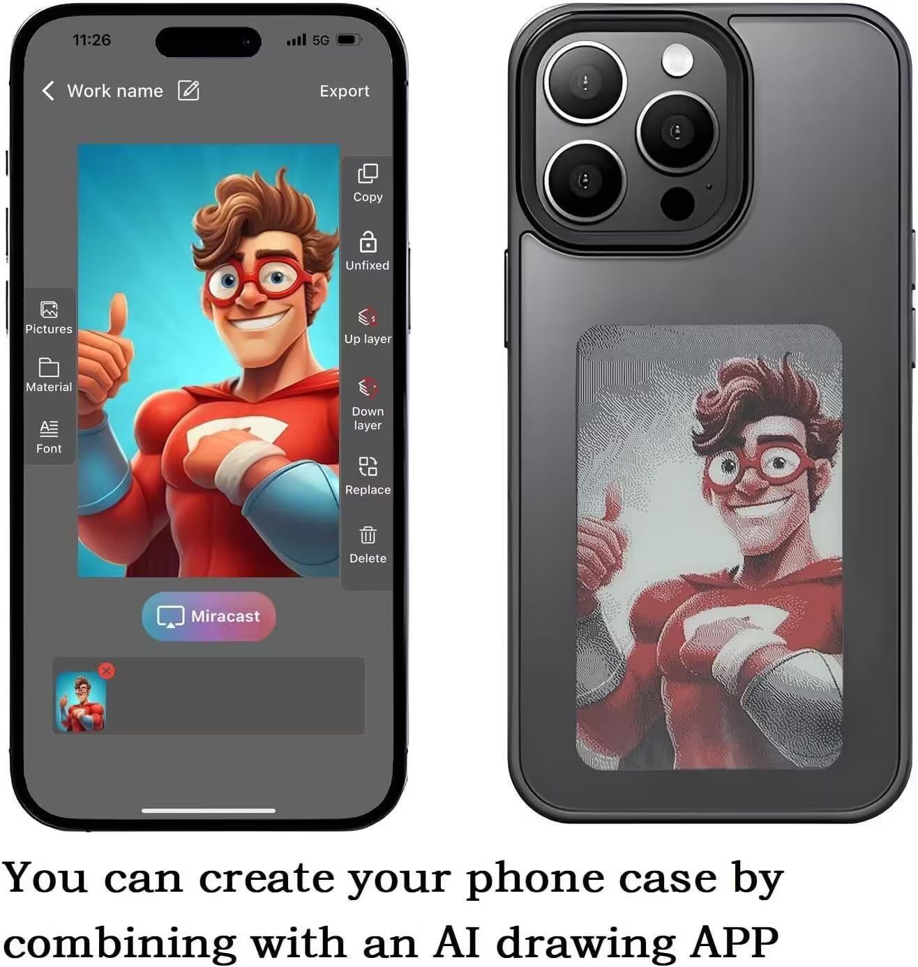 Phone case design app interface with superhero illustration on a phone screen
