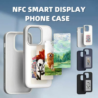 NFC smart display phone case with various design options on a blue gradient background